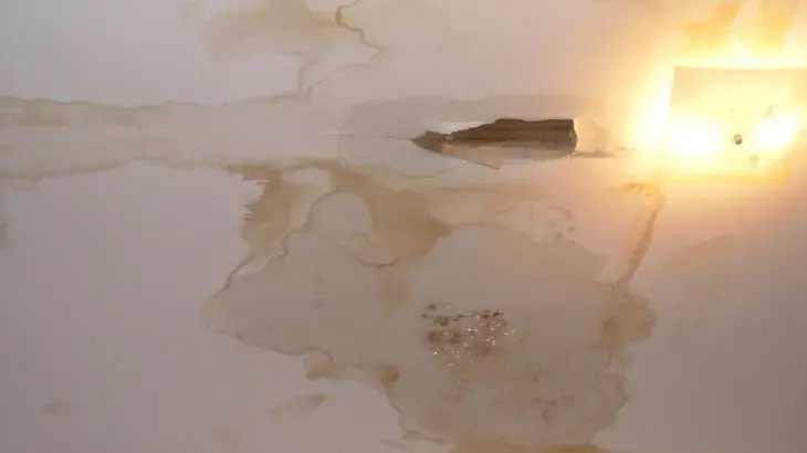Water stains spreading across a ceiling beside a light after an attic AC overflow in Vacaville