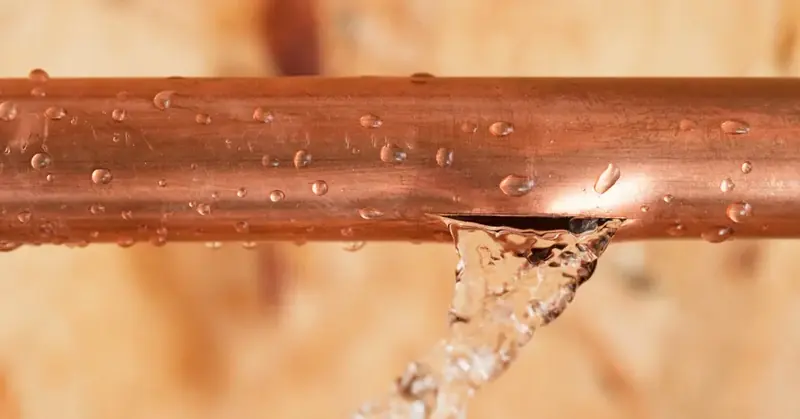 Water spraying from a split copper supply pipe inside a Vacaville wall