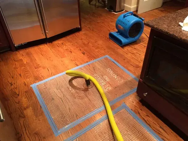 Floor drying mat and air mover set on a wet hardwood kitchen floor in Vacaville