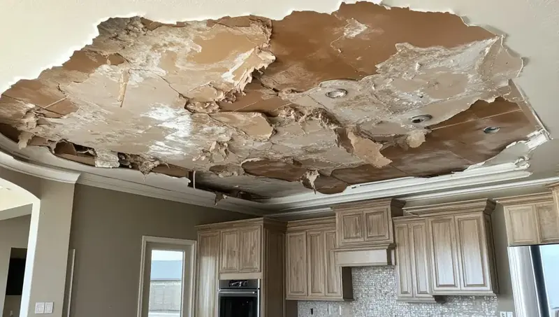Kitchen ceiling collapsed under roof leak water in a Vacaville home