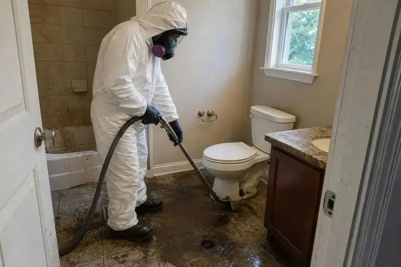 Technician in a protective suit extracting a sewage backup from a Vacaville bathroom