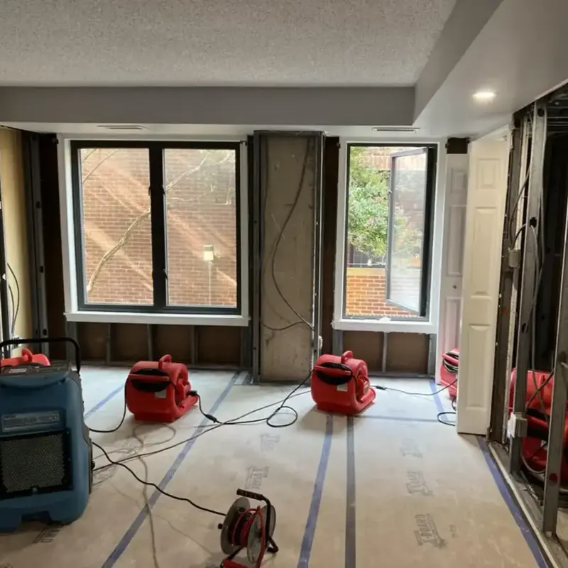 Air movers and dehumidifiers drying a gutted room with flood-cut walls in Vacaville
