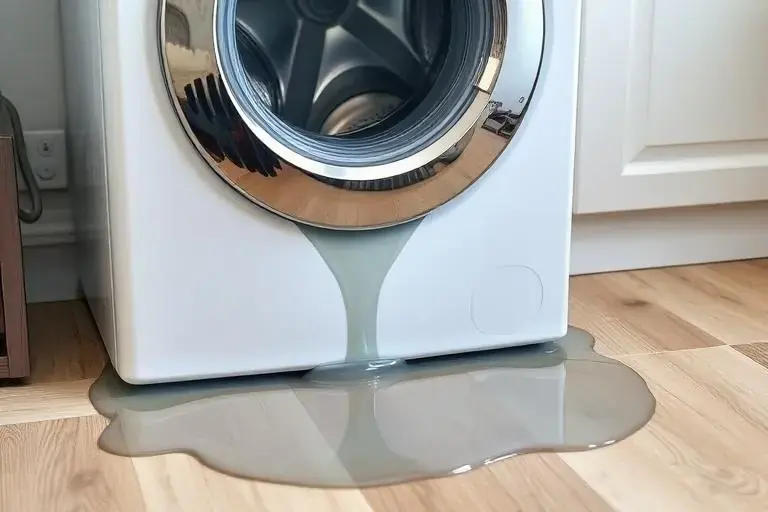 Water leaking from under a front-load washer onto a wood-look floor in Vacaville