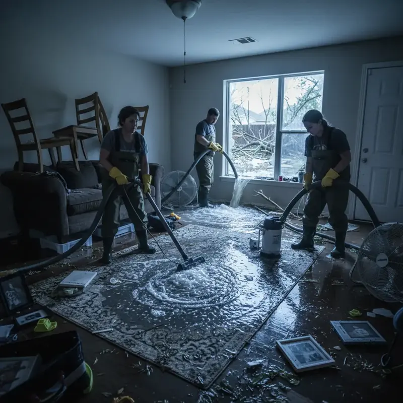 Extraction crew pulling standing water off a flooded floor in a Vacaville home