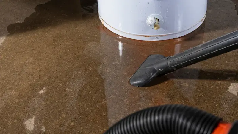 Extraction wand pulling water off the floor around a leaking water heater in Vacaville